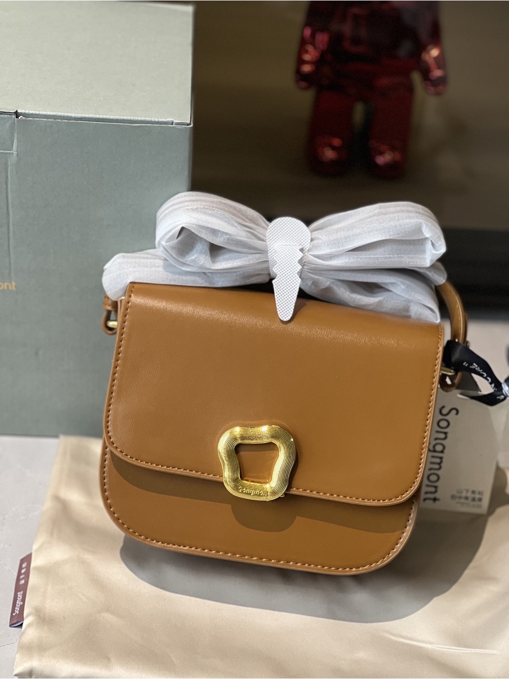 Caramel Tan Leather Crossbody with Gold Accent